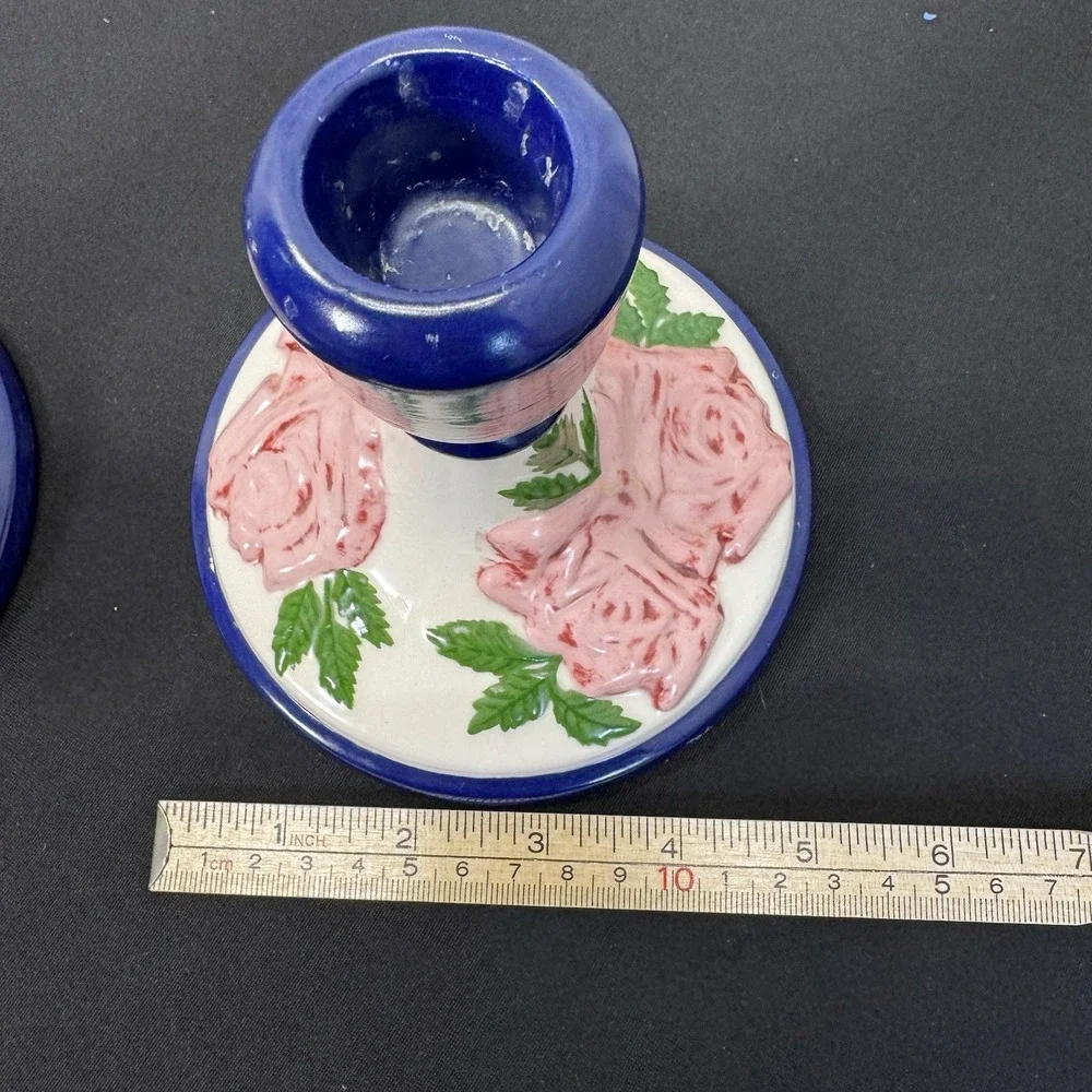 Vtg 1970s Hand Painted Folk Art Pottery Candle Stick Holders Pair‎ of 2